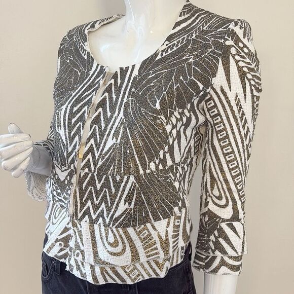 Vintage Just Cavalli Gold, Black & White 3/4 Sleeve Jacket w Ruffle Hem & Cuffs - Picture 6 of 10